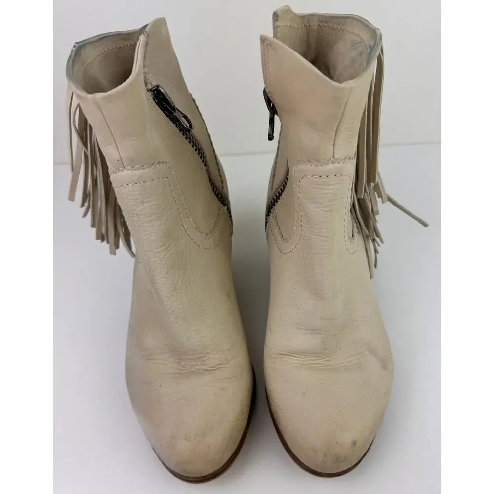 SAM EDELMAN Louie Beige Suede Side Zip Western Fringe Stacked Heel Boot Size 7